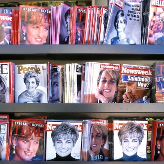 A magazine rack display featuring Princess Diana. Michael Dwyer / Alamy Stock Photo